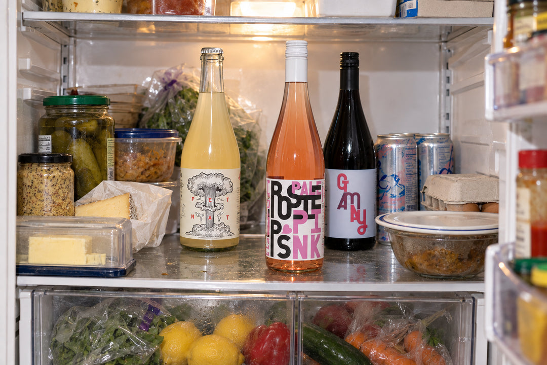 Fridge Friends wine pack with Pet Nat, Rosie P's Pale Pink, and Gamay in a home refrigerator