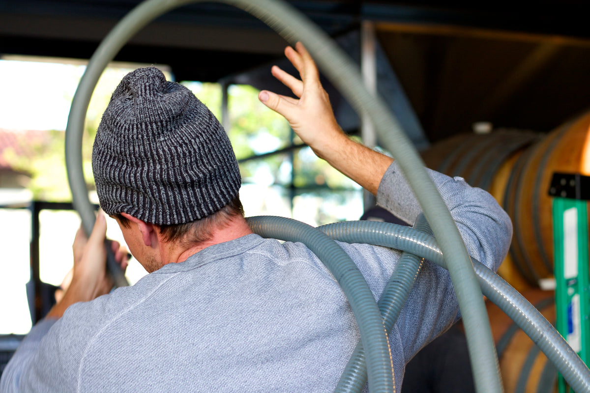 A winery worker gathering a cellar hose beside barrels